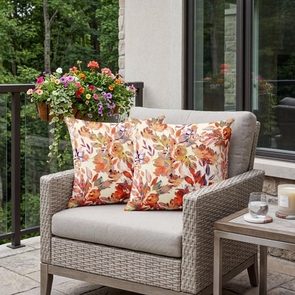 Set of Two Red Orange And Beige Floral Indoor Outdoor Throw Pillow HomeRoots
