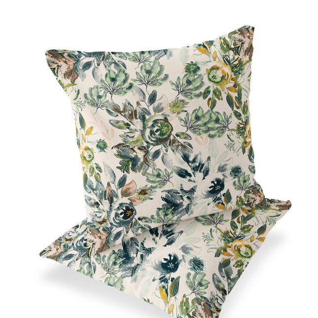 Set of Two White And Green Floral Indoor Outdoor Throw Pillow
