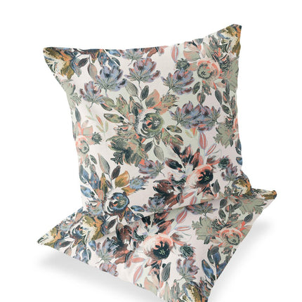Set of Two White Pink And Gray Floral Indoor Outdoor Throw Pillow