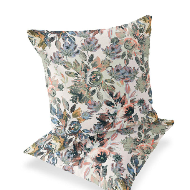 Set of Two White Pink And Gray Floral Indoor Outdoor Throw Pillow