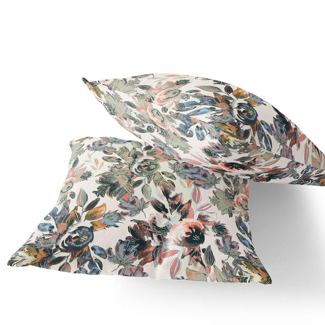 Set of Two White Pink And Gray Floral Indoor Outdoor Throw Pillow