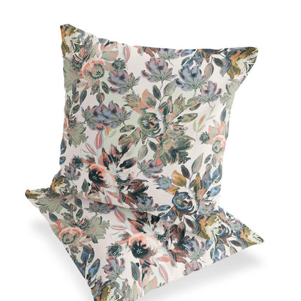 Set of Two White Pink And Gray Floral Indoor Outdoor Throw Pillow