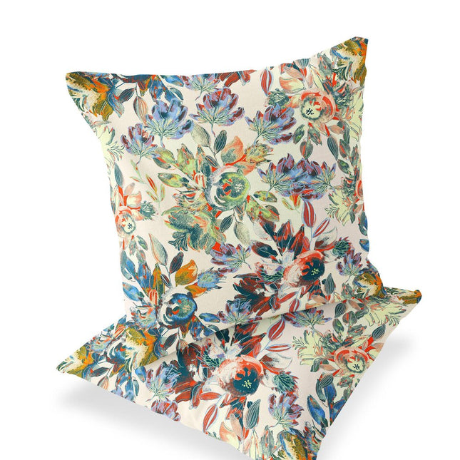 Set of Two White Yellow And Green Floral Indoor Outdoor Throw Pillow