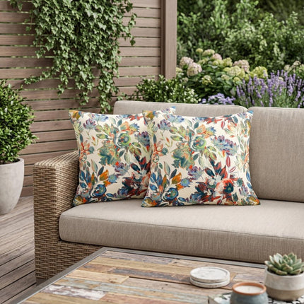 Set of Two White Yellow And Green Floral Indoor Outdoor Throw Pillow