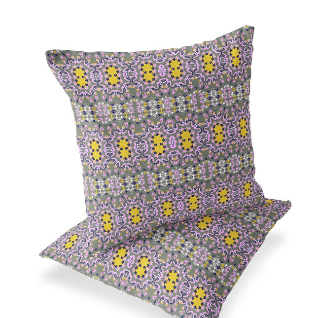 Set of Two Purple And Yellow Floral Indoor Outdoor Throw Pillow
