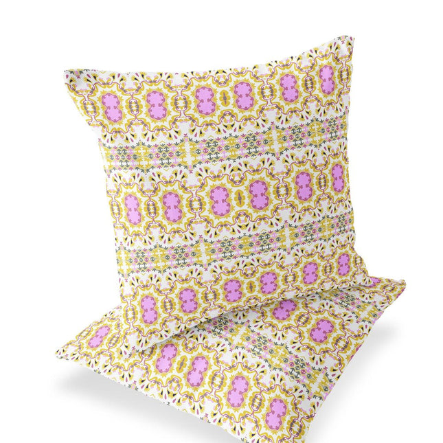 Set of Two Yellow And Pink Floral Indoor Outdoor Throw Pillow