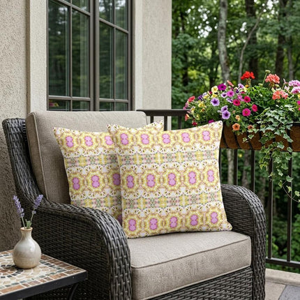 Set of Two Yellow And Pink Floral Indoor Outdoor Throw Pillow