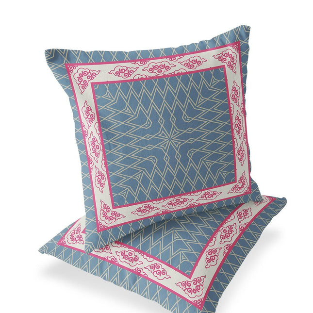 Set of Two Pink And Blue Geometric Indoor Outdoor Throw Pillow