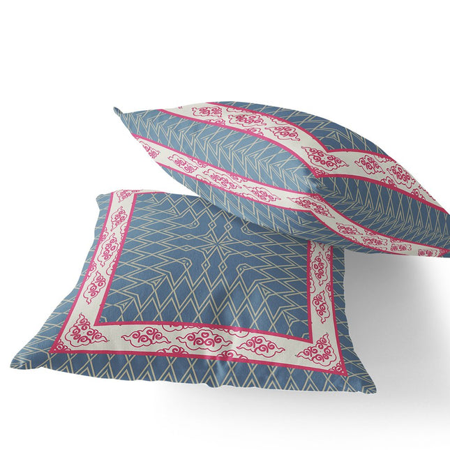 Set of Two Pink And Blue Geometric Indoor Outdoor Throw Pillow