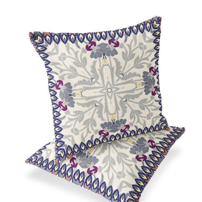 Set of Two Gray And Beige Botanical Indoor Outdoor Throw Pillow HomeRoots
