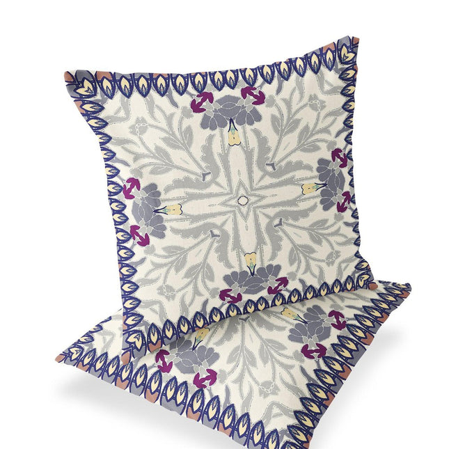 Set of Two Gray And Beige Botanical Indoor Outdoor Throw Pillow
