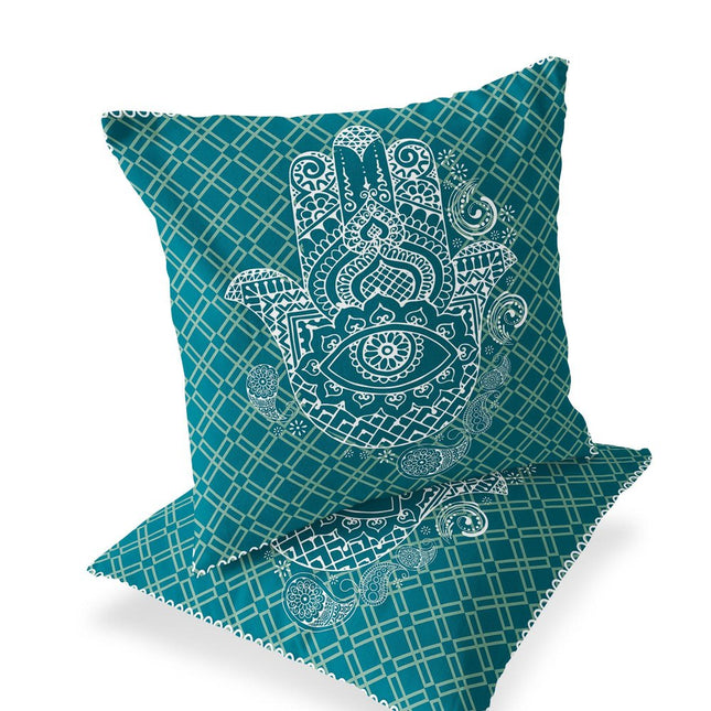 Set of Two White And Green Hamsa Indoor Outdoor Throw Pillow