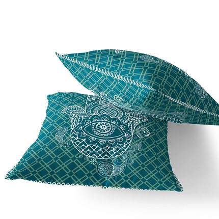 Set of Two White And Green Hamsa Indoor Outdoor Throw Pillow