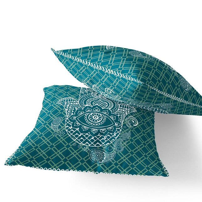 Set of Two White And Green Hamsa Indoor Outdoor Throw Pillow