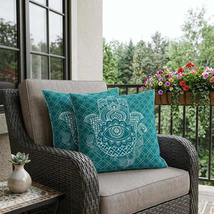 Set of Two White And Green Hamsa Indoor Outdoor Throw Pillow