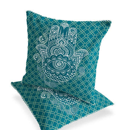 Set of Two White And Green Hamsa Indoor Outdoor Throw Pillow
