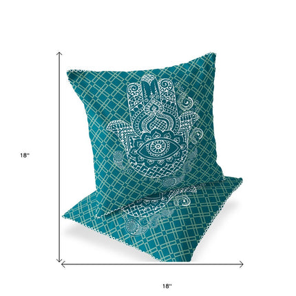 Set of Two White And Green Hamsa Indoor Outdoor Throw Pillow HomeRoots