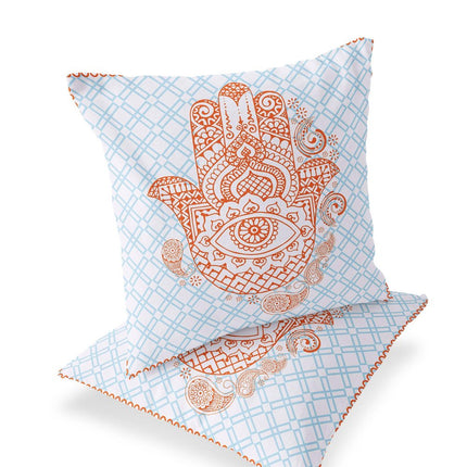 Set of Two Orange And Blue Hamsa Indoor Outdoor Throw Pillow