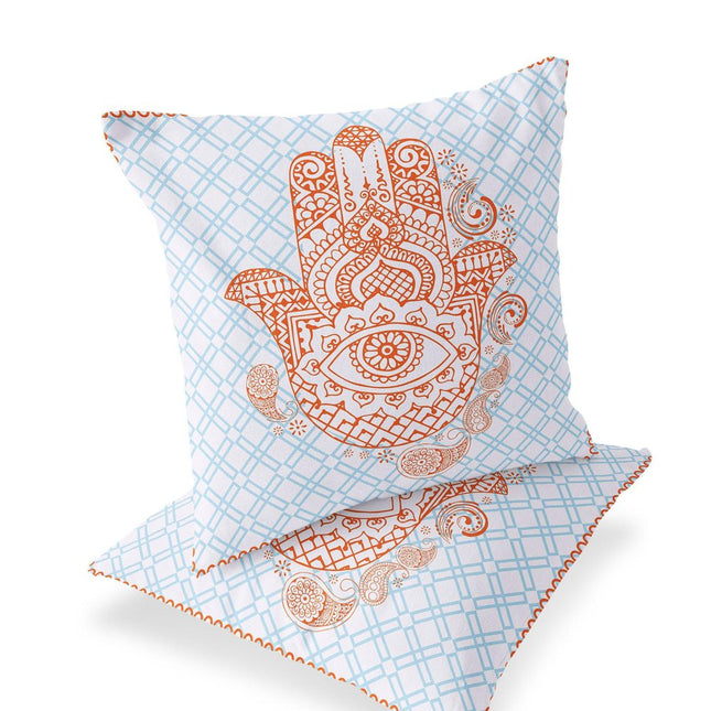 Set of Two Orange And Blue Hamsa Indoor Outdoor Throw Pillow
