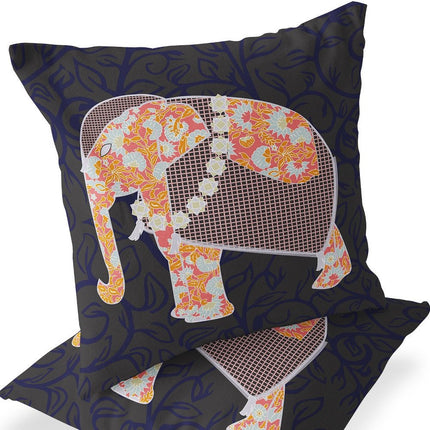 Set of Two Orange And Green Elephant Floral Indoor Outdoor Throw Pillow