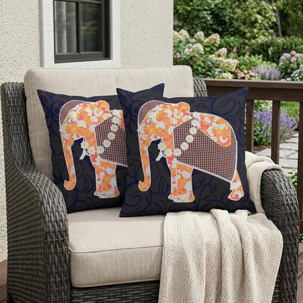 Set of Two Orange And Green Elephant Floral Indoor Outdoor Throw Pillow