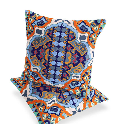 Set of Two Orange White And Blue Floral Indoor Outdoor Throw Pillow