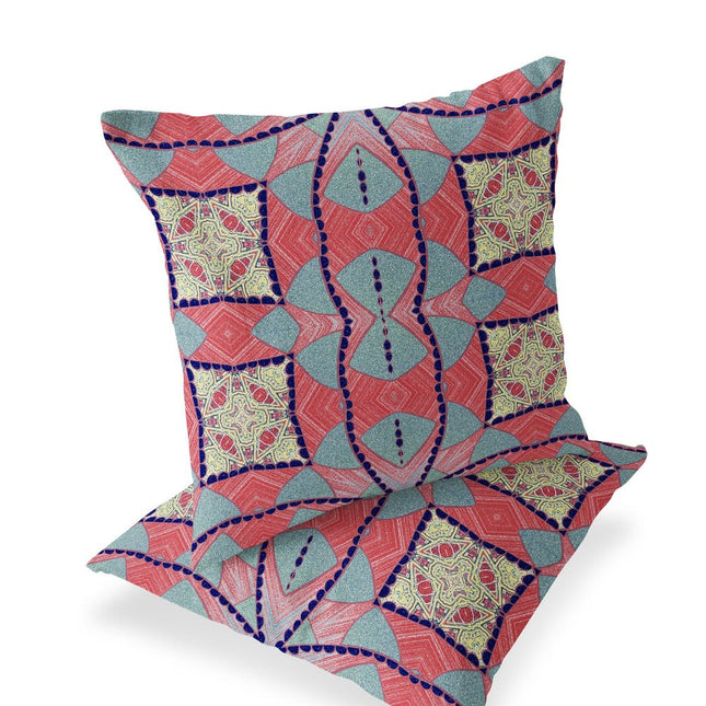 Set of Two Red Yellow And Blue Abstract Indoor Outdoor Throw Pillow