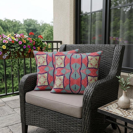 Set of Two Red Yellow And Blue Abstract Indoor Outdoor Throw Pillow