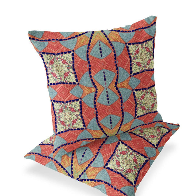 Set of Two Red Orange And Indigo Abstract Indoor Outdoor Throw Pillow