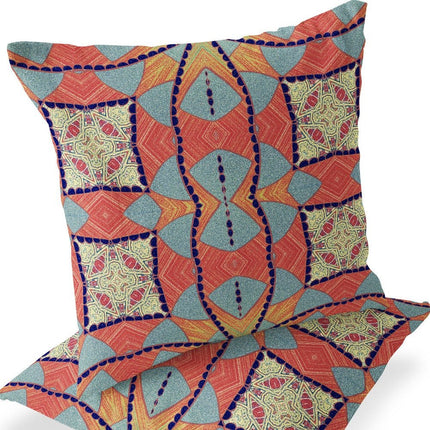 Set of Two Red Orange And Indigo Abstract Indoor Outdoor Throw Pillow HomeRoots