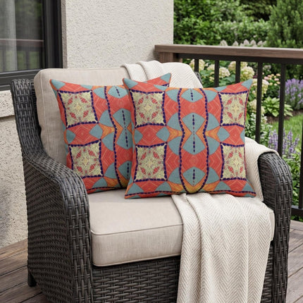Set of Two Red Orange And Indigo Abstract Indoor Outdoor Throw Pillow HomeRoots