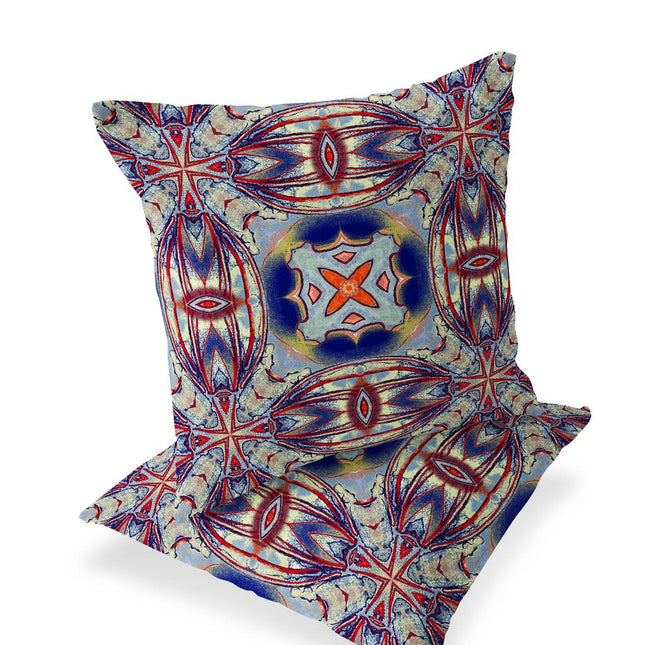 Set of Two Gray Red Orange And Blue Floral Indoor Outdoor Throw Pillow
