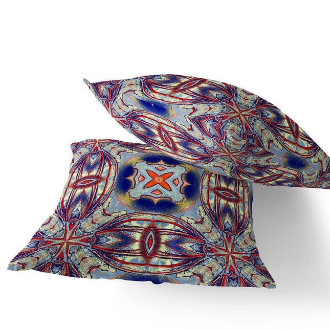 Set of Two Gray Red Orange And Blue Floral Indoor Outdoor Throw Pillow
