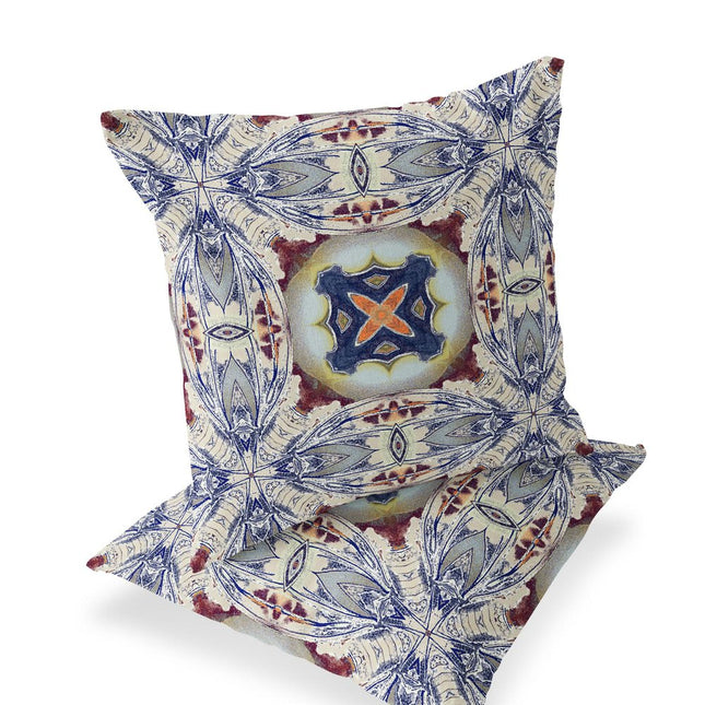 Set of Two Gray Brown And Indigo Floral Indoor Outdoor Throw Pillow