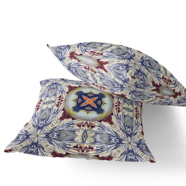 Set of Two Gray Brown And Indigo Floral Indoor Outdoor Throw Pillow