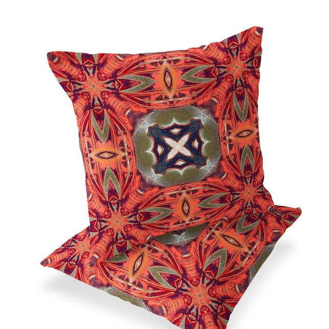 Set of Two Peach And Green Floral Indoor Outdoor Throw Pillow