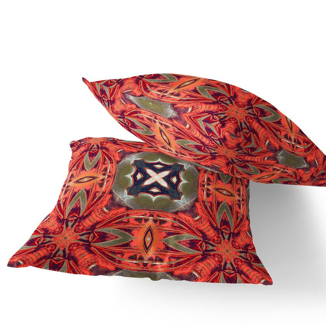 Set of Two Peach And Green Floral Indoor Outdoor Throw Pillow