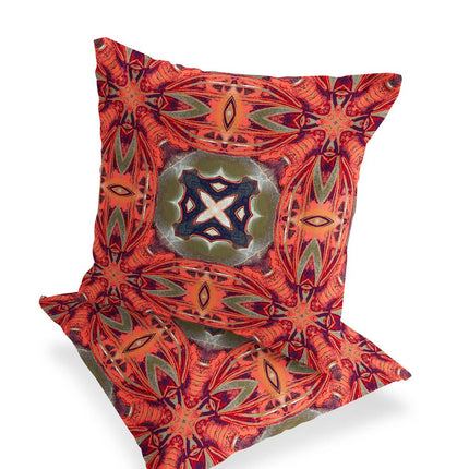 Set of Two Peach And Green Floral Indoor Outdoor Throw Pillow