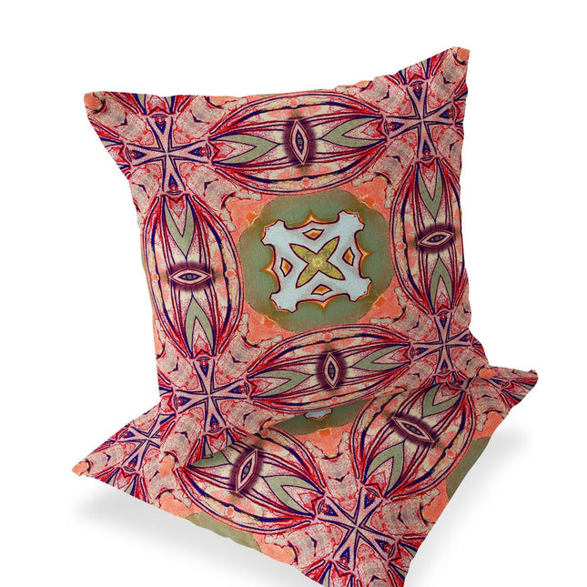Set of Two Peach Magenta And Green Floral Indoor Outdoor Throw Pillow
