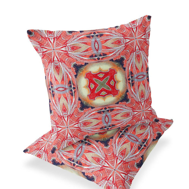 Set of Two Pink Peach And Red Floral Indoor Outdoor Throw Pillow