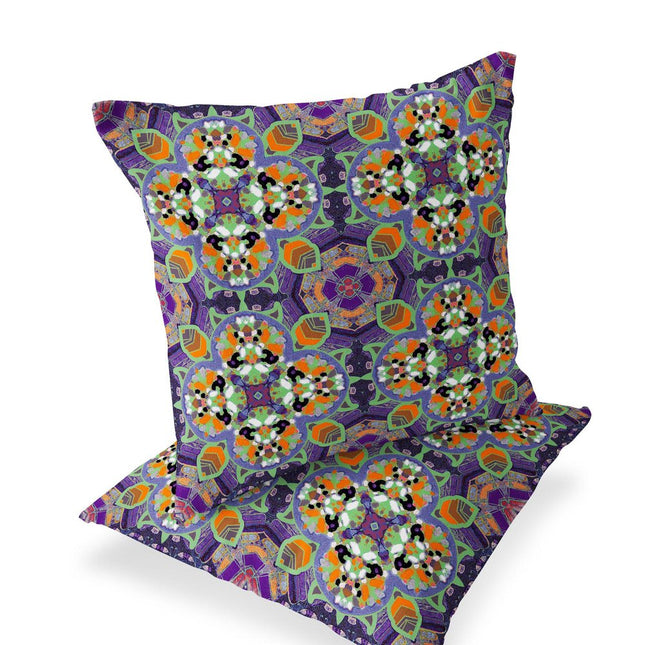 Set of Two Purple And Green Floral Indoor Outdoor Throw Pillow