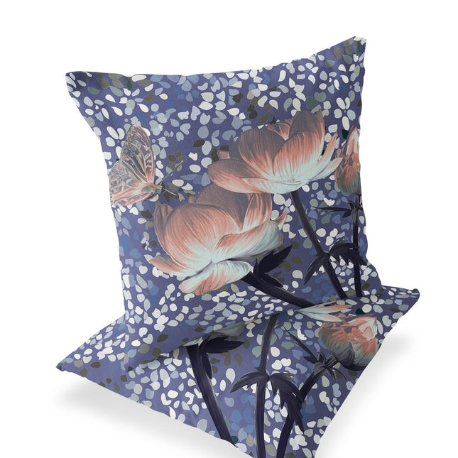 Set of Two Peach Light Blue And Gray Floral Indoor Outdoor Throw Pillow
