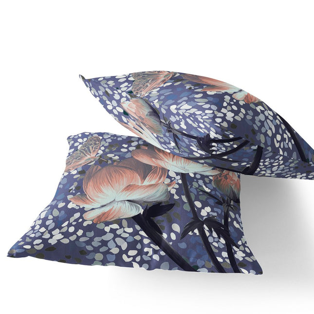 Set of Two Peach Light Blue And Gray Floral Indoor Outdoor Throw Pillow