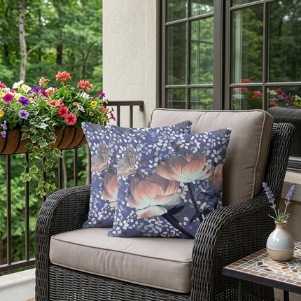 Set of Two Peach Light Blue And Gray Floral Indoor Outdoor Throw Pillow HomeRoots