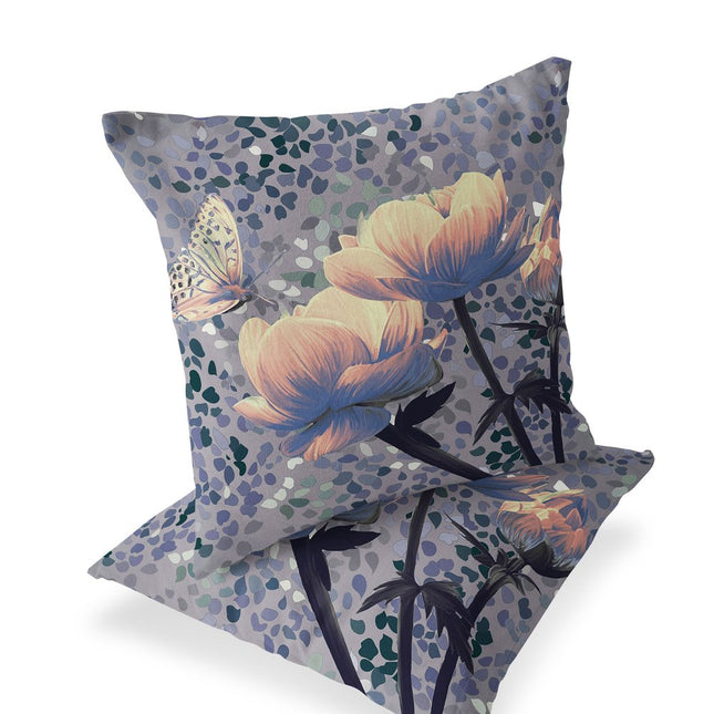 Set of Two Yellow Black And Gray Floral Indoor Outdoor Throw Pillow