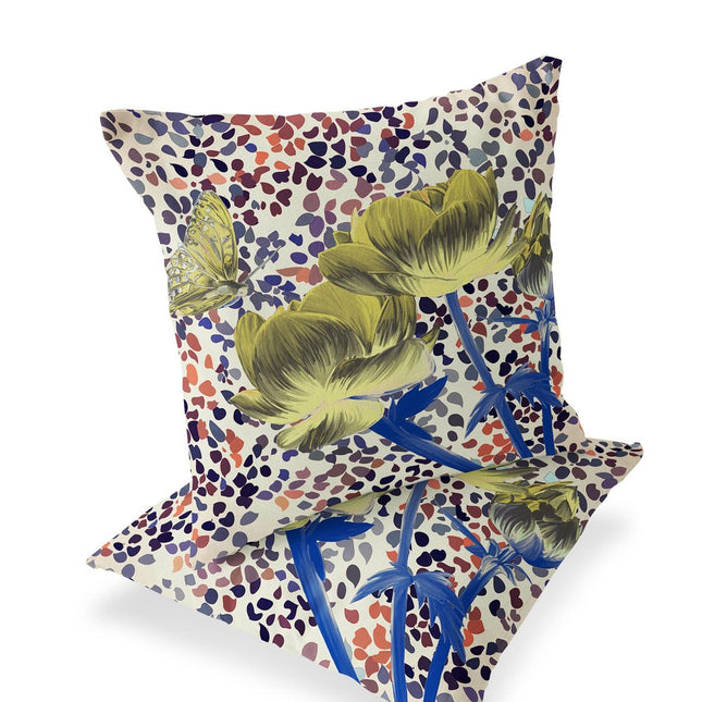 Set of Two Yellow Blue Orange And Cream Floral Indoor Outdoor Throw Pillow