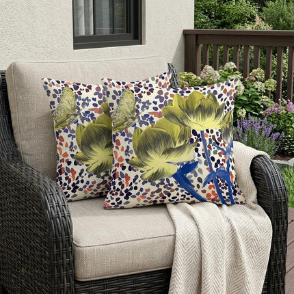 Set of Two Yellow Blue Orange And Cream Floral Indoor Outdoor Throw Pillow HomeRoots