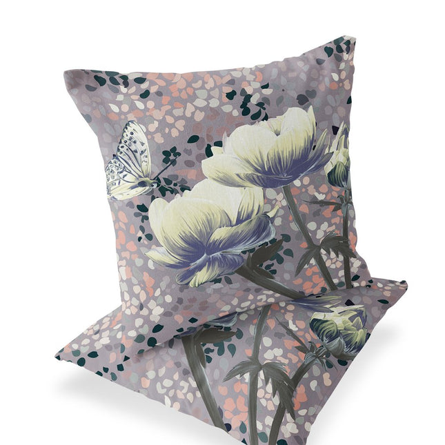 Set of Two Yellow Blue And Gray Floral Indoor Outdoor Throw Pillow