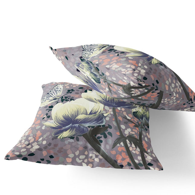 Set of Two Yellow Blue And Gray Floral Indoor Outdoor Throw Pillow
