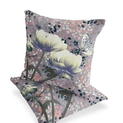 Set of Two Yellow Blue And Gray Floral Indoor Outdoor Throw Pillow HomeRoots